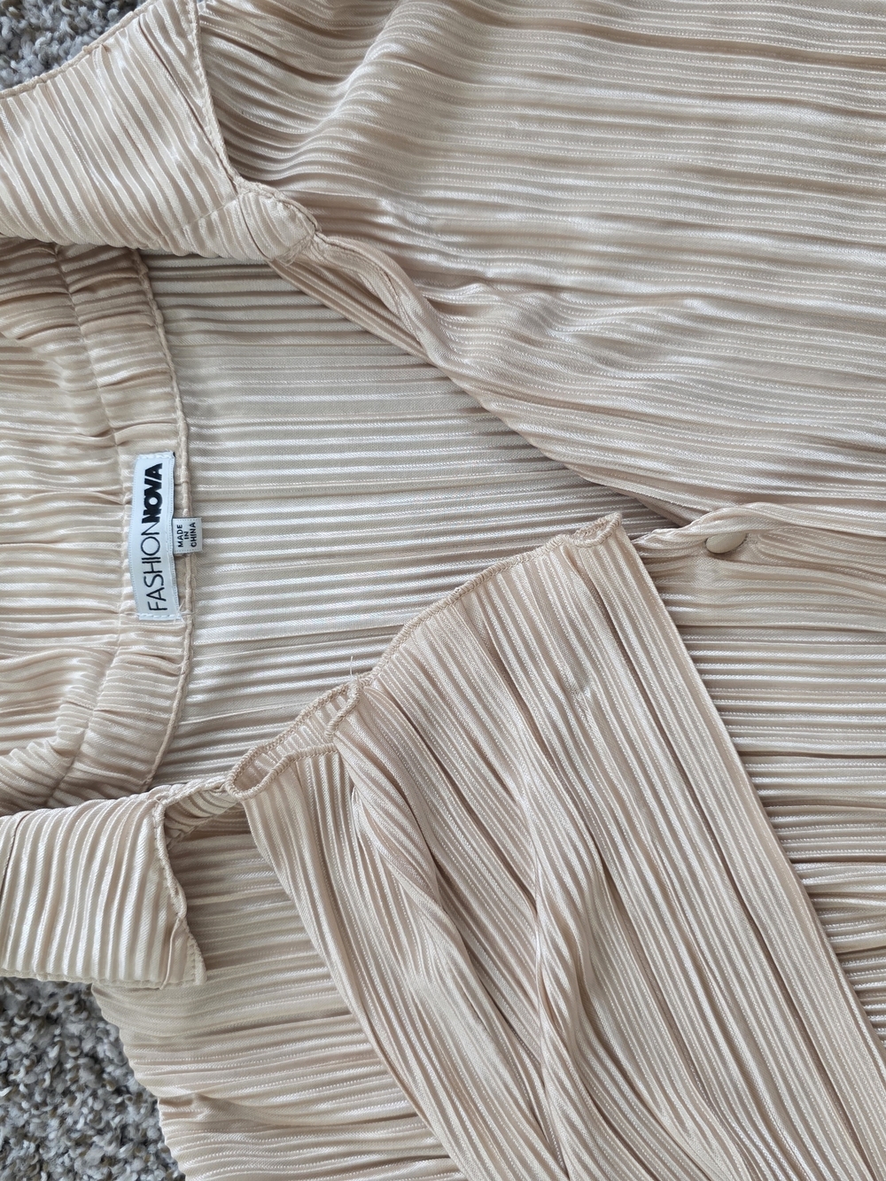 Pleated Button-Down Top & Matching Wide-Leg Pants in Beige - Picture 6 of 7